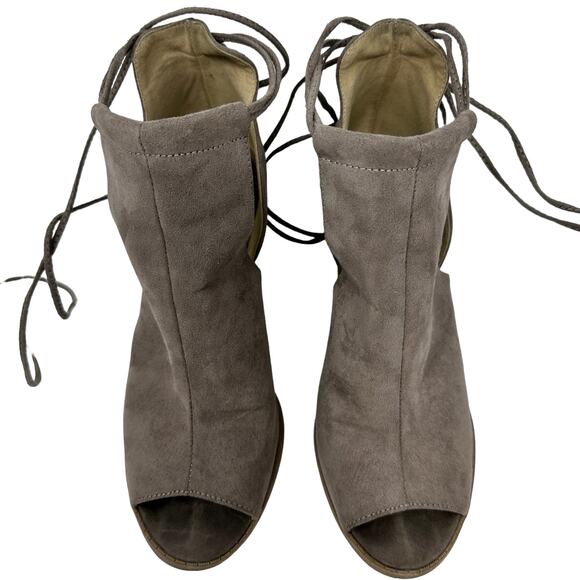 QUPID Madelynn Heeled Booties SZ 9 Peep Toe Tan Suede Strappy Heels Boho Indie - Picture 8 of 16